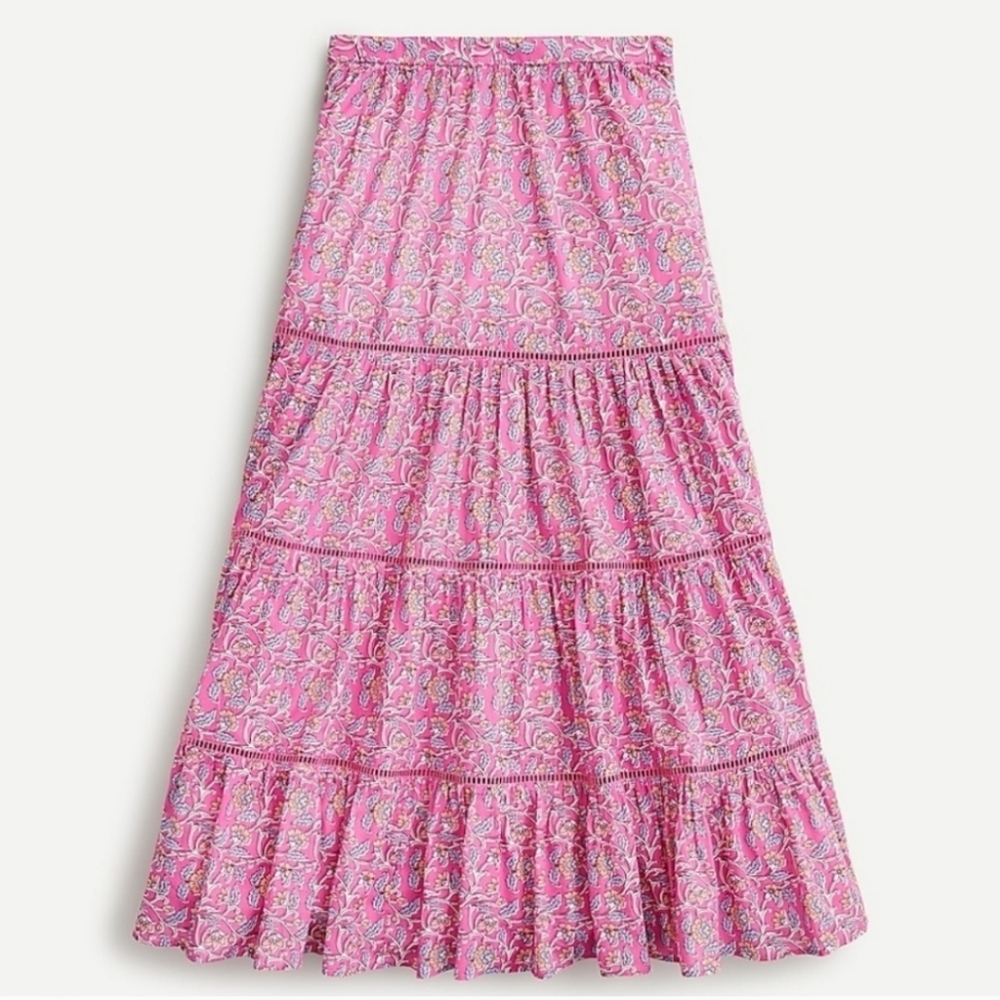 J Crew Tiered Midi Skirt in Pink Vines Block Print XXS